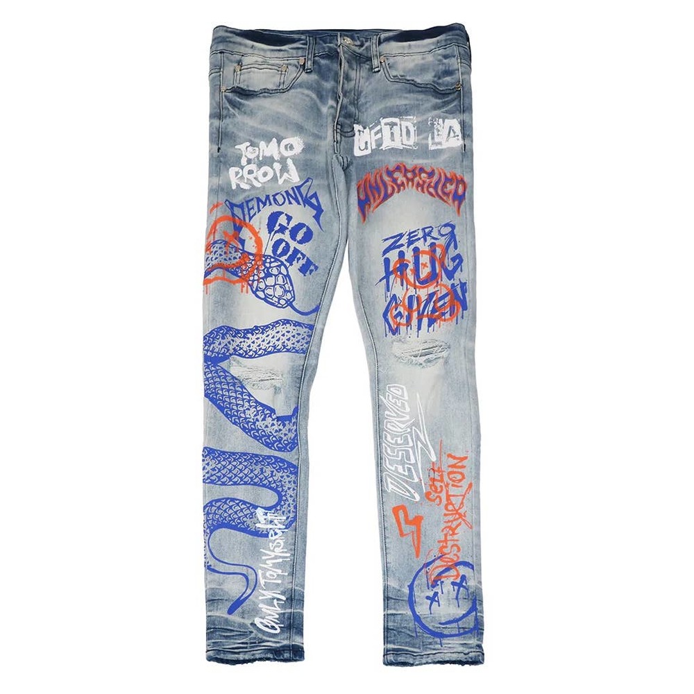 GFTD LA Los Angeles Men's SED Skinny Fit Painted Snake Distressed Rip Jeans